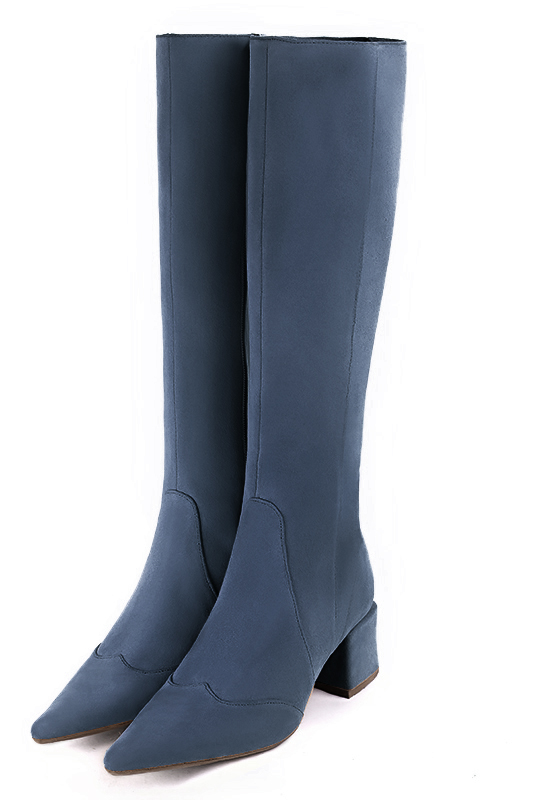 Denim blue women's feminine knee-high boots. Pointed toe. Medium block heels. Made to measure. Front view - Florence KOOIJMAN